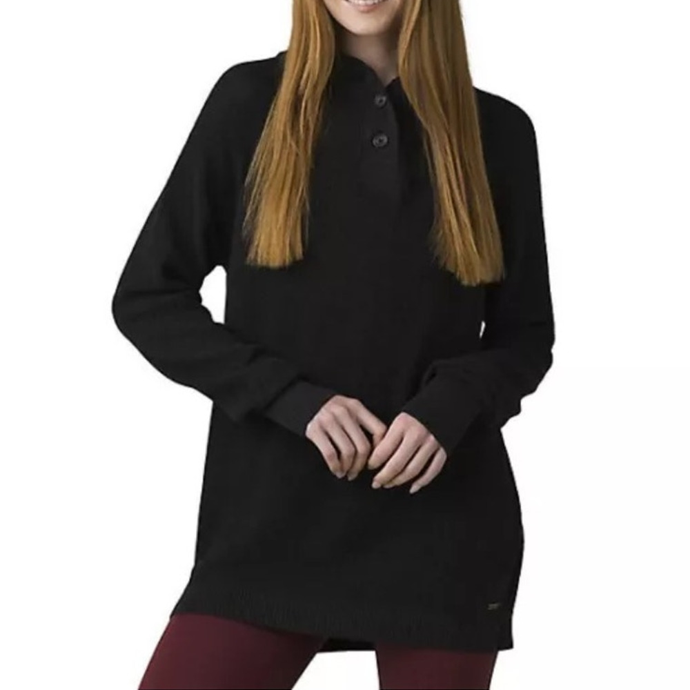 Prana Milani Tunic Women’s S Black Waffle Sweater Knit Henley Pullover Hoodie